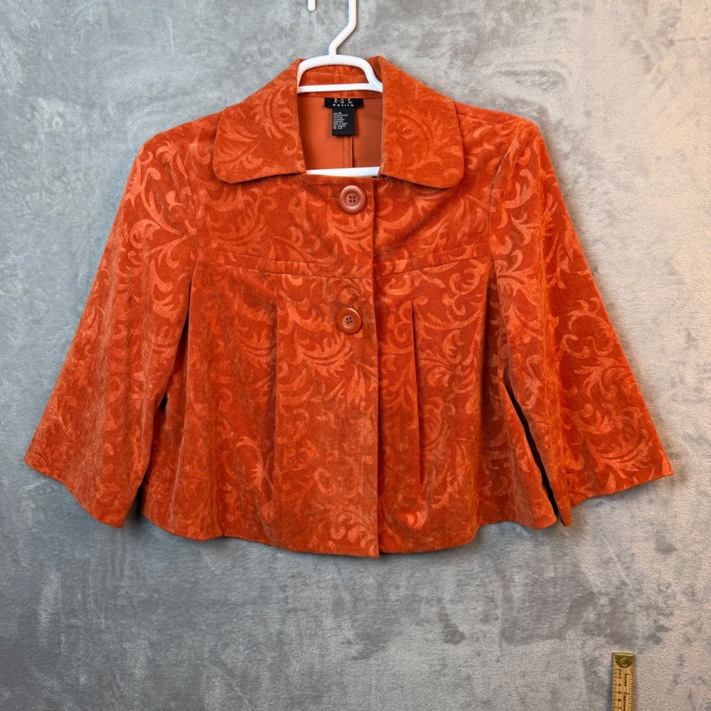 R-Q-T Petite Orange Corduroy Damask Floral Cropped Jacket 3/4 Sleeve PL‎